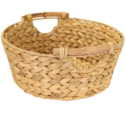 HMF Storage Basket Round Gift Basket Empty Braided Water Hyacinth with Wooden Handles 30 x 12 cm