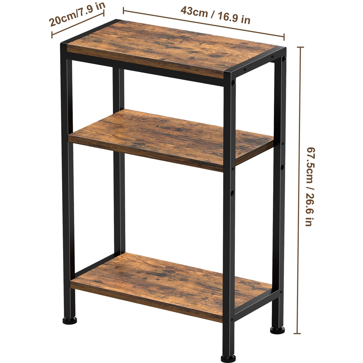 Vantimo 3-Tier Narrow Wooden Side Table, Small Slim End Table with Storage, Skinny Nightstand for Small Spaces, Living Room, Bedroom (Rustic Brown)
