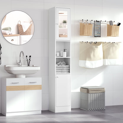 kleankin Tall Bathroom Storage Cabinet Mirrored Tallboy Cabinet White