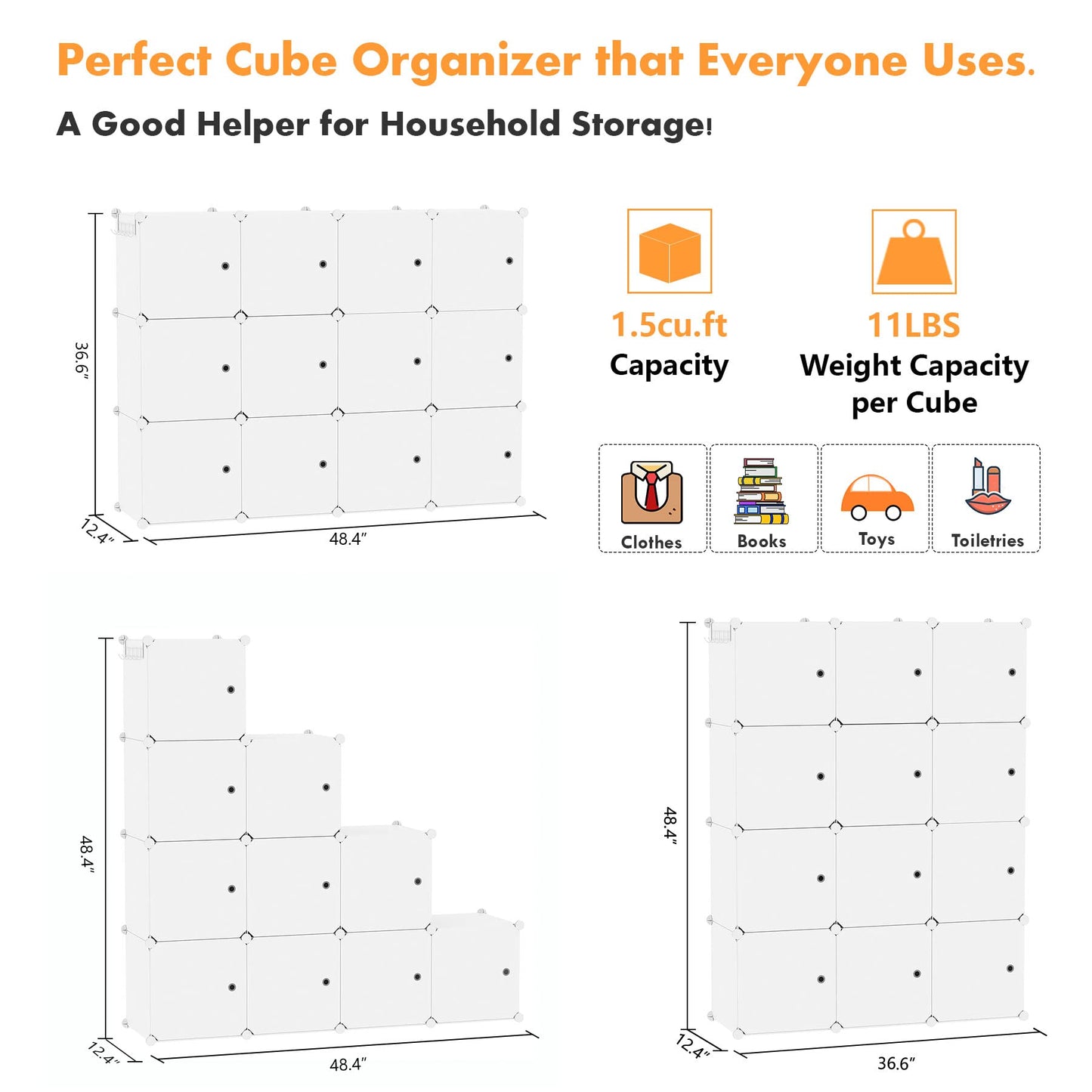 C&AHOME Cube Storage Organizer with Doors, 12-Cube Shelves White