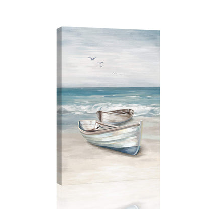 SUMGAR Ocean Wall Art Blue White Sea Canvas Paintings Sandy Beach Pictures Boat Coastal Artwork Framed Seashore Prints Seaside View Home Decor for