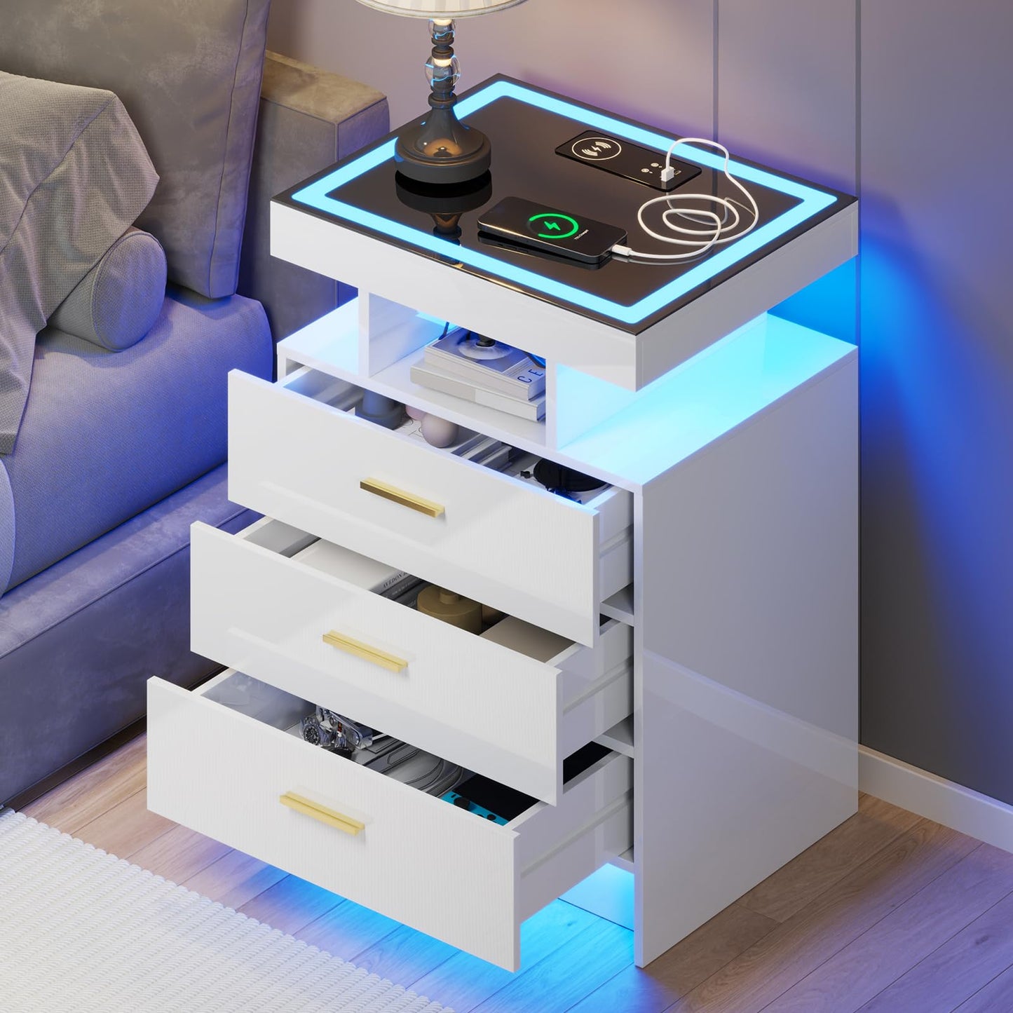 Gurexl LED Bedside Table with Glass Top and 3 IN 1 Charging Station,White