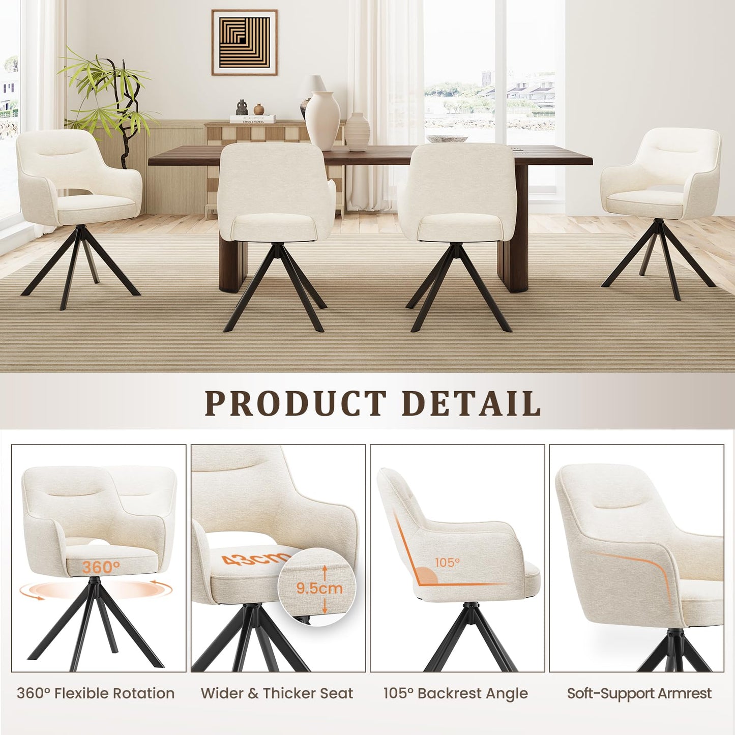 COLAMY 360°Swivel Dining Chairs Set of 2, Fabric Chairs for Dining Room with Armrests, Hollow Backrest and Thick Seat Cushion
