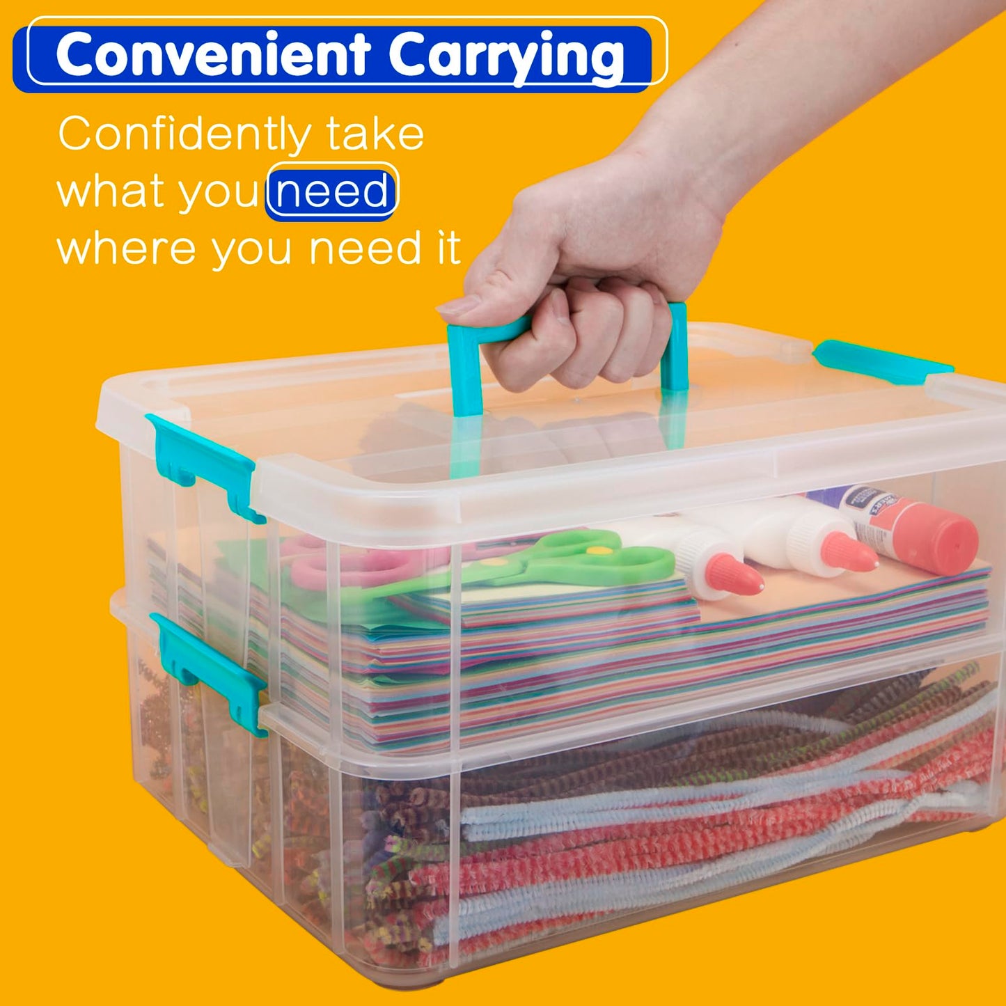 Creahaus 2 Layer Plastic Storage Containers with Lids, Multipurpose Clear Stack & Carry Box