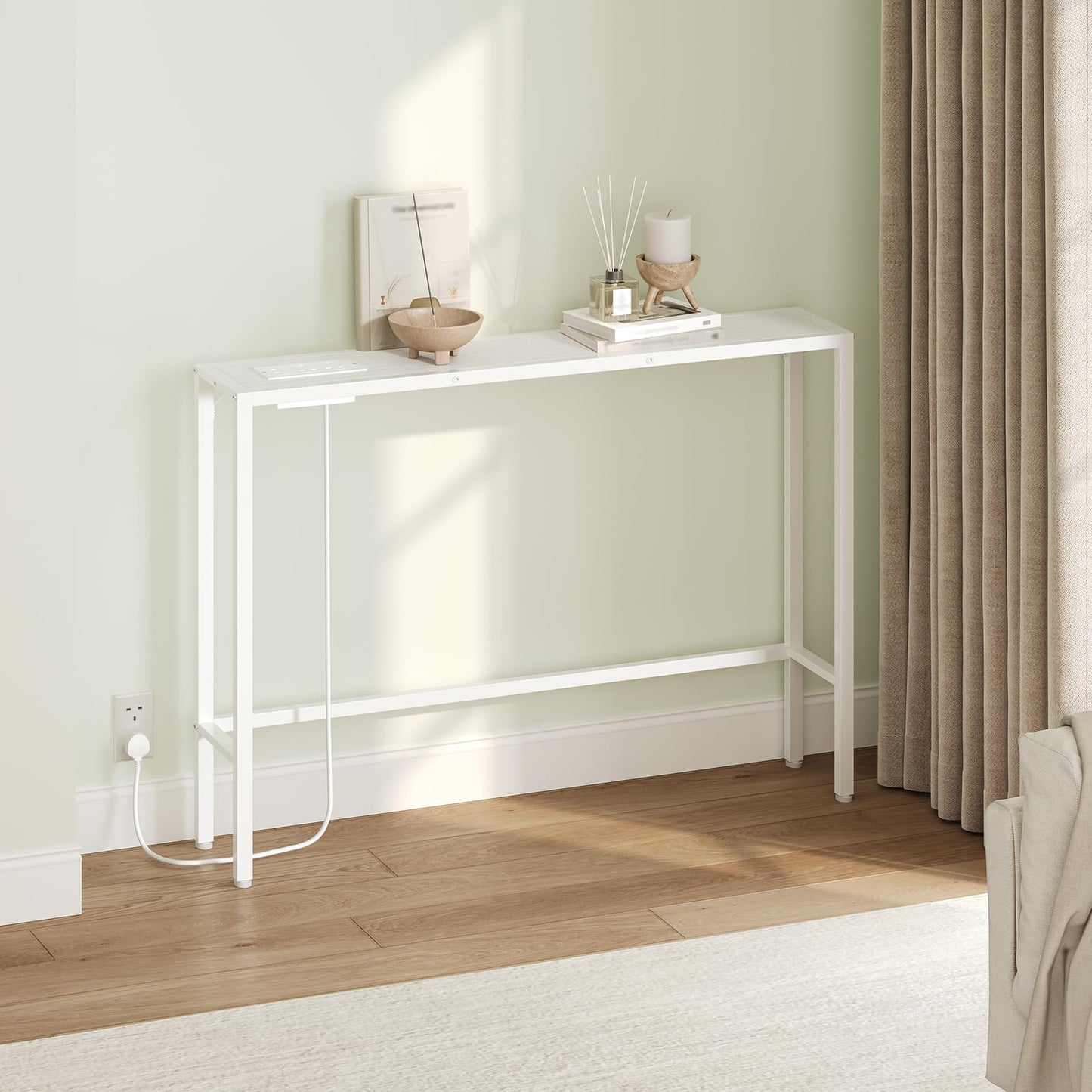 MAHANCRIS 100 cm Console Table, Hallway Table with Power Outlets and USB Port, Narrow Sofa Table, Long Behind Couch, Metal Frame, for Foyer