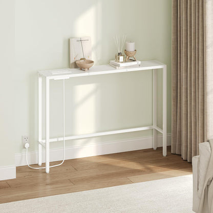 MAHANCRIS 100 cm Console Table, Hallway Table with Power Outlets and USB Port, Narrow Sofa Table, Long Behind Couch, Metal Frame, for Foyer