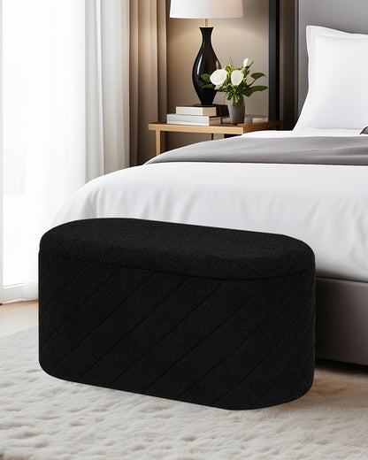 Bonlife Oval Ottoman with Storage Bench, Folding Foot Rest with Lid, Boucle End of Bed Bench,Foostool for Living