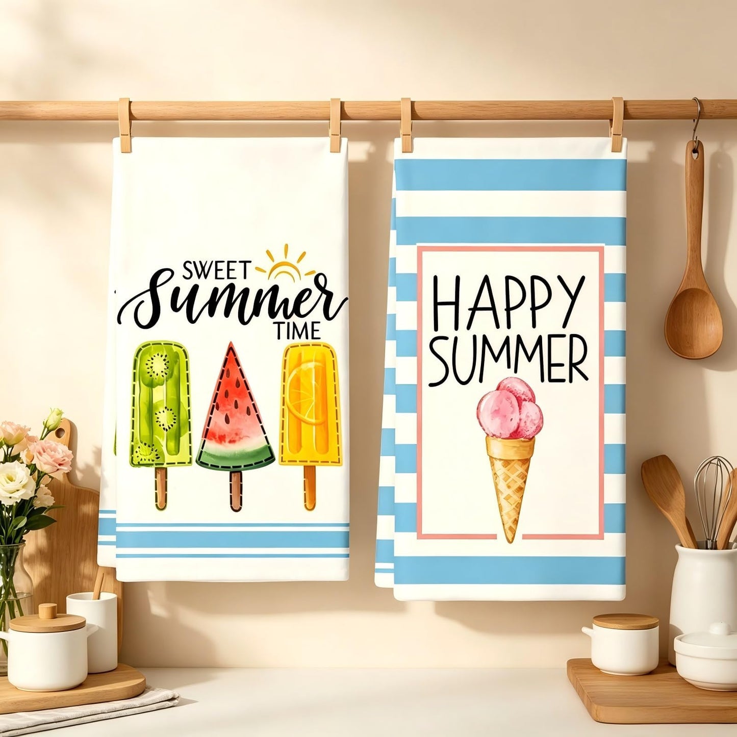 Riewy 2 Pack Absorbent Tea Towels, 40 x 60 cm 100% Microfibre Dish Cloth Towel in Sweet Summer Time Blue White Striped Prints