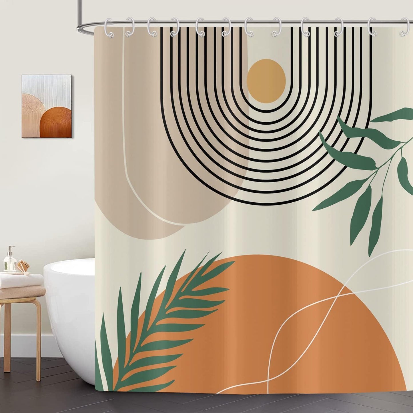 ASDCXZ Boho Shower Curtain 240x180 cm, Modern Abstract Art Boho Style Sun Moon Leaves Beige Bath Washable Shower Curtains Polyester Textile Waterproof
