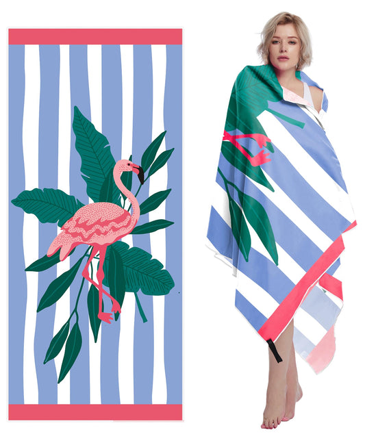 Style Slice Beach Towel Extra Large - Sand Free Quick Dry Lightweight Microfibre Beach Towels for Adults, Includes Mesh Bag - Tropical Flamingo Blue,