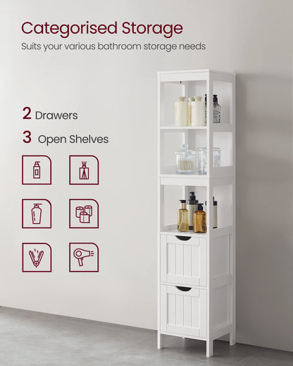 VASAGLE Bathroom Floor Cabinet, Freestanding Bathroom Storage Unit, with 2 Drawers, 3 Open Compartments, for Bathroom, Living Room, Kitchen, Modern