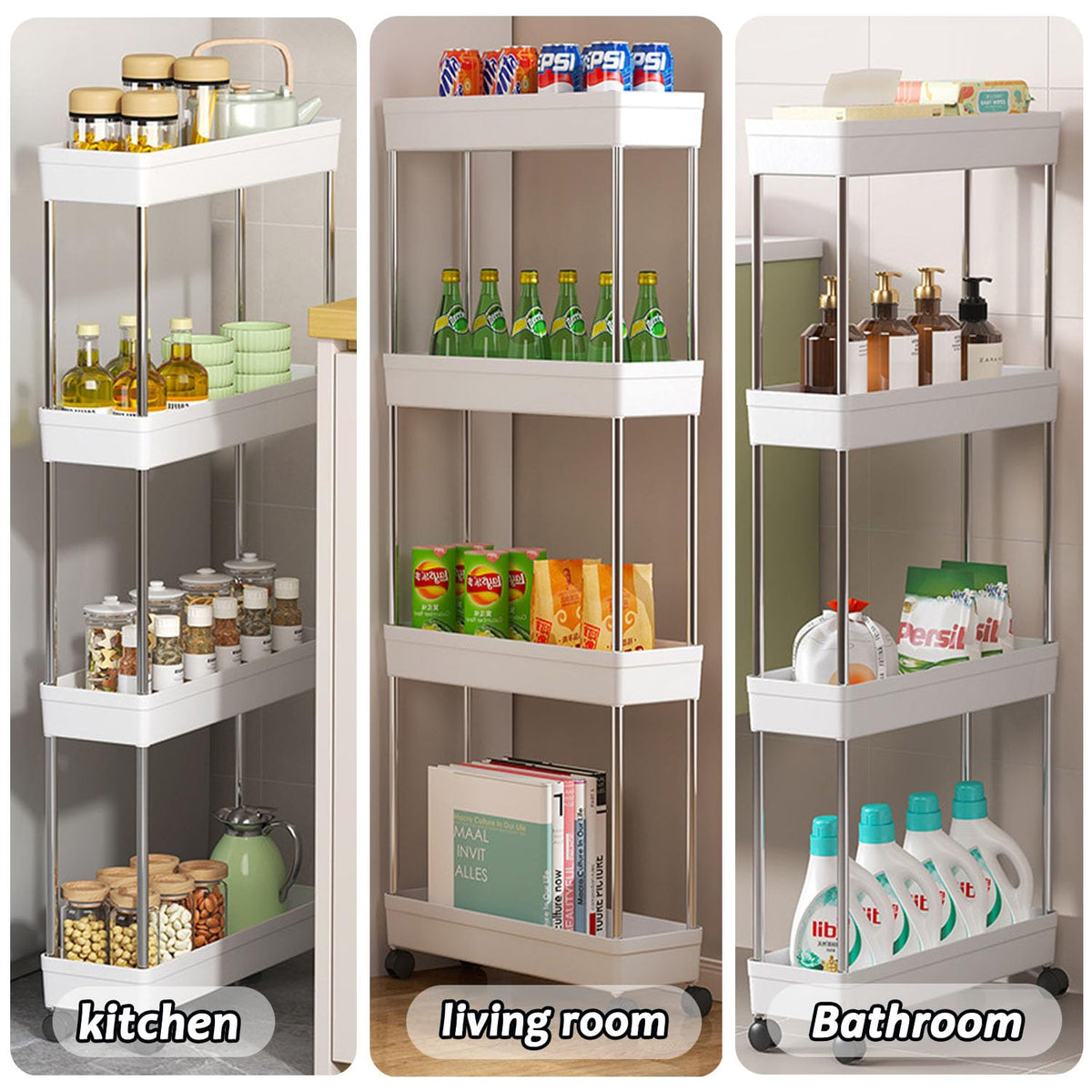 SHANGFENG Plastic Storage Trolley on Wheels Slide-out Slim Rolling Utility Cart Mobile Storage Shelving Organizer for Kitchen, Bedroom, Bathroom