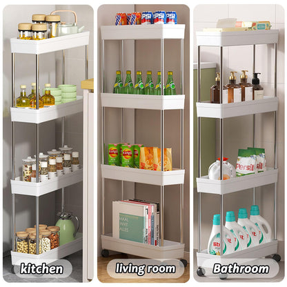 SHANGFENG Plastic Storage Trolley on Wheels Slide-out Slim Rolling Utility Cart Mobile Storage Shelving Organizer for Kitchen, Bedroom, Bathroom