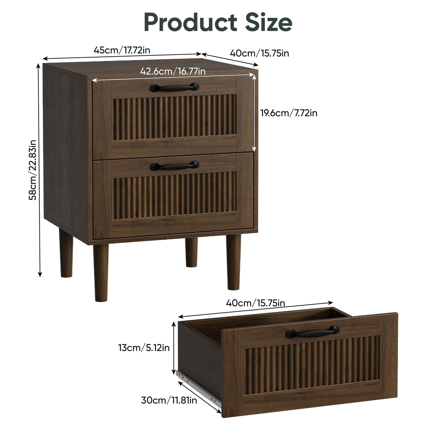 Smart FENDE Fluted Nightstand with 2 Drawers, Bedside Table with Solid Wood Legs, Mid-Century Modern End Table for Bedroom, Living Room, Walnut