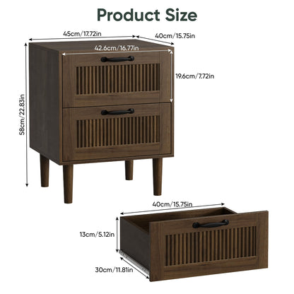 Smart FENDE Fluted Nightstand with 2 Drawers, Bedside Table with Solid Wood Legs, Mid-Century Modern End Table for Bedroom, Living Room, Walnut