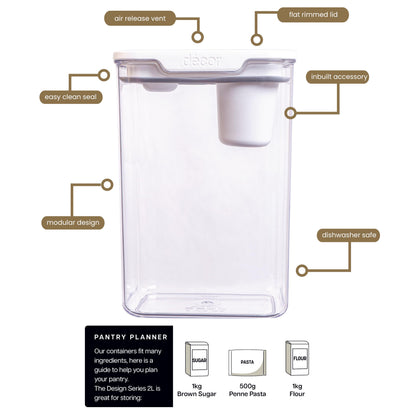 Décor Pantry Storage Container 2L with Quarter Cup Measure - Design Series, Airtight, BPA-Free, Modular Stackable, Dishwasher Safe, Australian Made