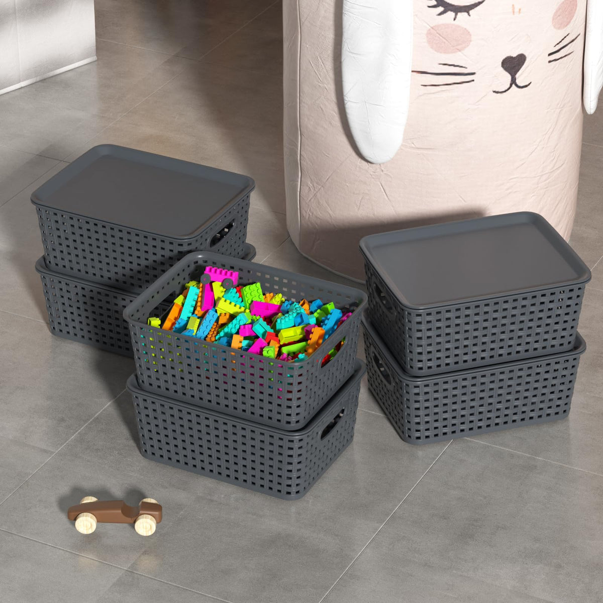 Ysmiltion Plastic Storage Baskets Bins with Lid and Handle, 6 Pack, Gray