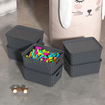 Ysmiltion Plastic Storage Baskets Bins with Lid and Handle, 6 Pack, Gray