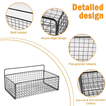 Punorric 2 Pack Snack Storage, Black Metal Wall Storage Baskets with 8 Hooks, No-Drill Snack Organiser for Snacks Cans Bars Chips Candy