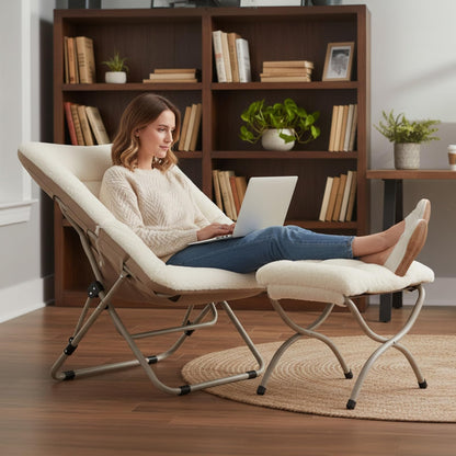 SESHINELL Comfy Saucer Chair With Ottoman - Oversized Foldable Faux Fur Lounge Set With Metal Frame Moon for Bedroom, Living Room, Dorm Rooms, Beige