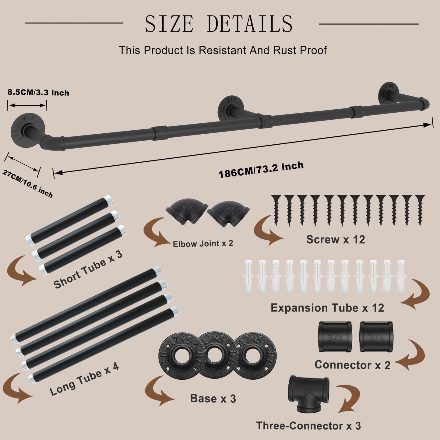 VOLISON Wall Mounted Clothes Rail, 186CM Industrial Pipe Clothing Rack, Detachable Heavy Duty Metal Garment Rail
