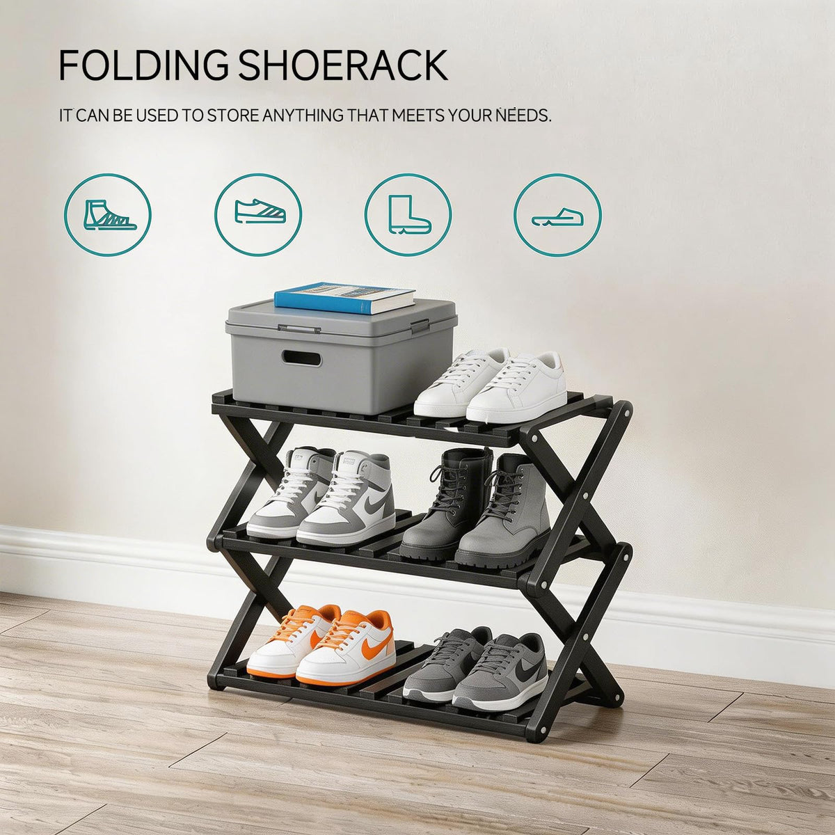 Momleix Folding Shoe Rack Black, 3 Tier Shoe Shelf Without Installation, Sturdy Bamboo Storage Organiser for Entryway Closet and Small Spaces