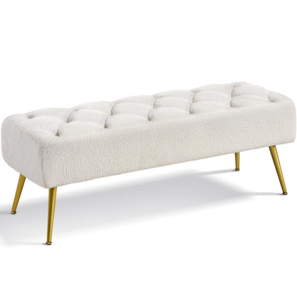 Yaheetech Modern Boucle Ottoman Footstool Bench with Gold Metal Legs, Ivory