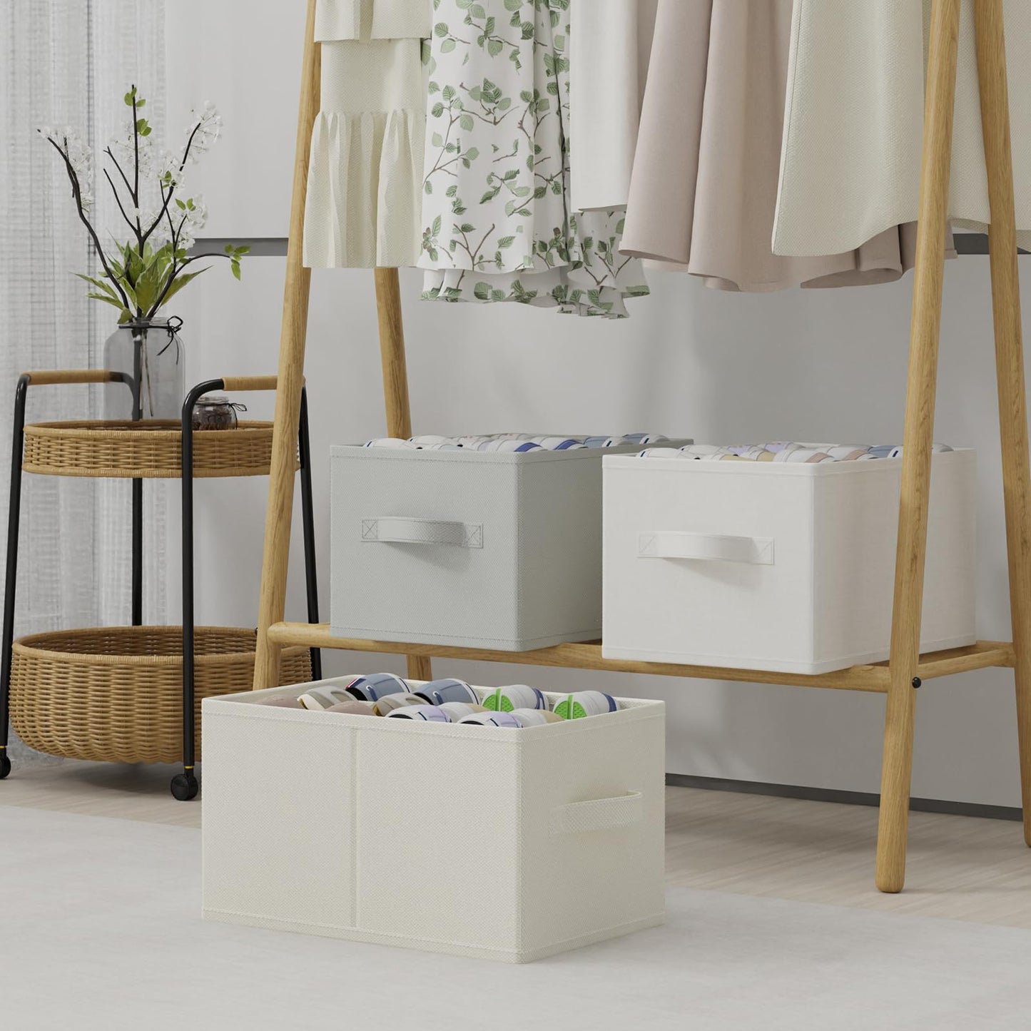 GUOHNHE Fabric Shoe Boxes, Fits 12-24 Pairs, 2 Pack, 42x32x26 cm, Beige