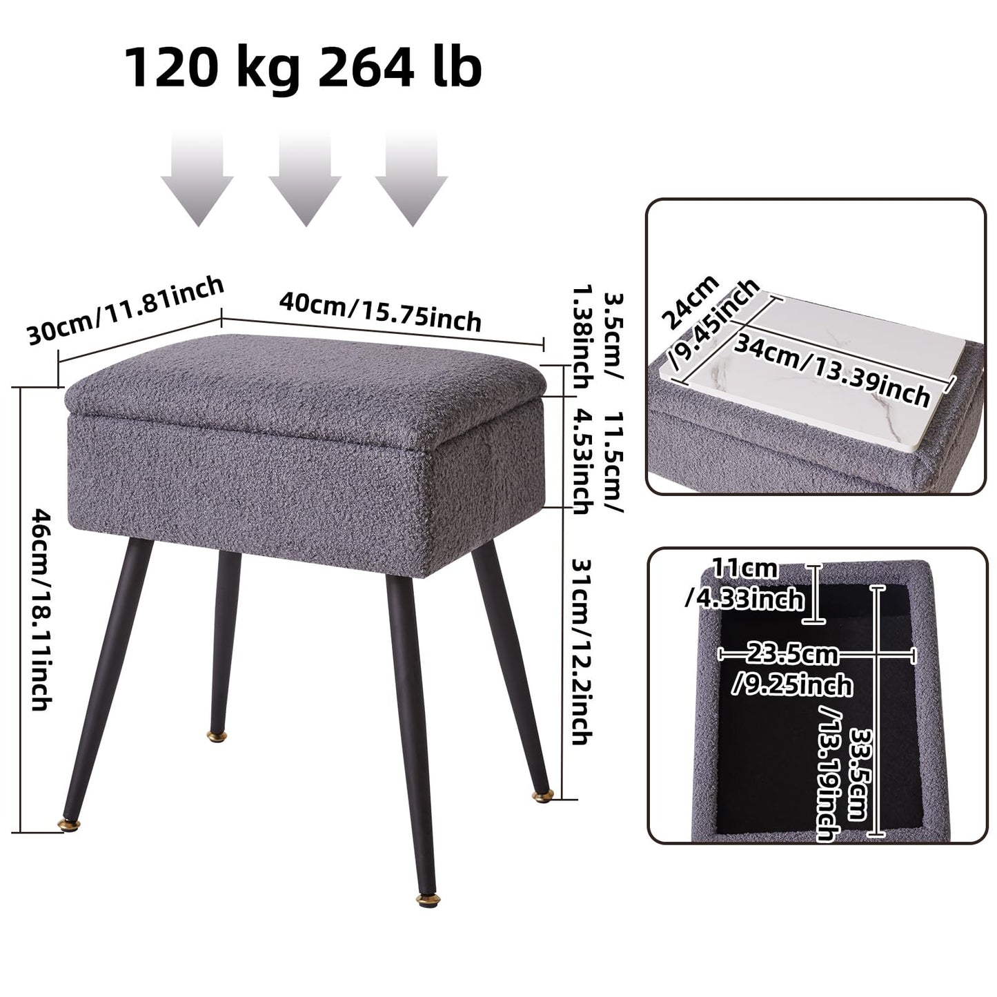 Aibiju Stool Chair for Dressing Table, Faux Teddy Fur Vanity Stool with Storage, Bedroom Ottoman Stool with Metal Legs for Home Living Room, Bedroom,