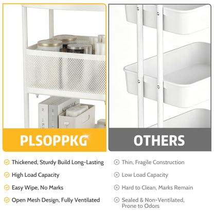 PLSOPPKG 3 Tier Rolling Cart, Metal Utility Storage Carts with Wheels, Craft Cart Organizer, Mesh Basket for Bedside Kitchen Office Art, Milky White