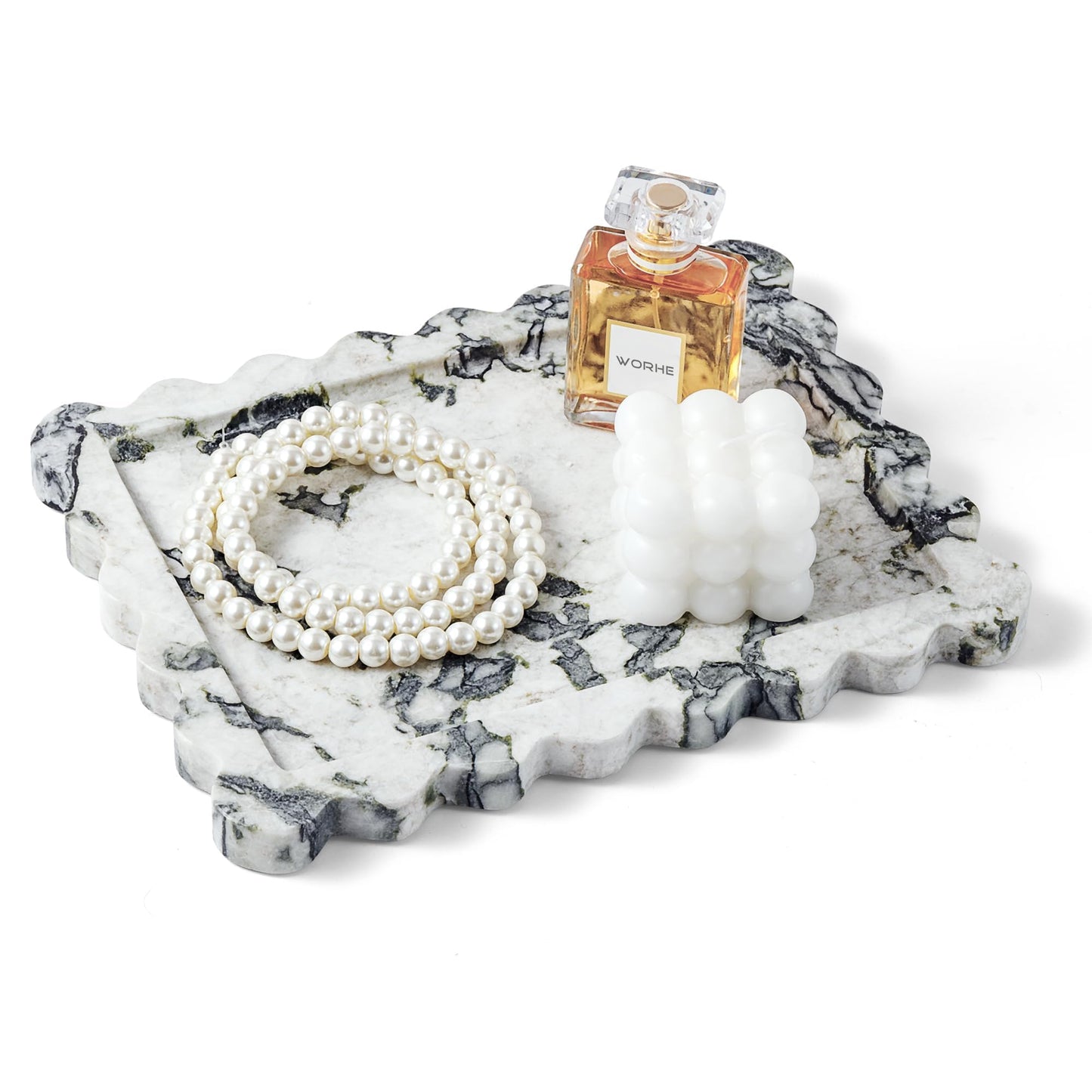 WORHE Marble Vanity Tray - Luxury Scalloped Rectangle for Jewelry, Perfume, Makeup, bathroom or Kitchen Counter - ColorCalacatta Viola green,