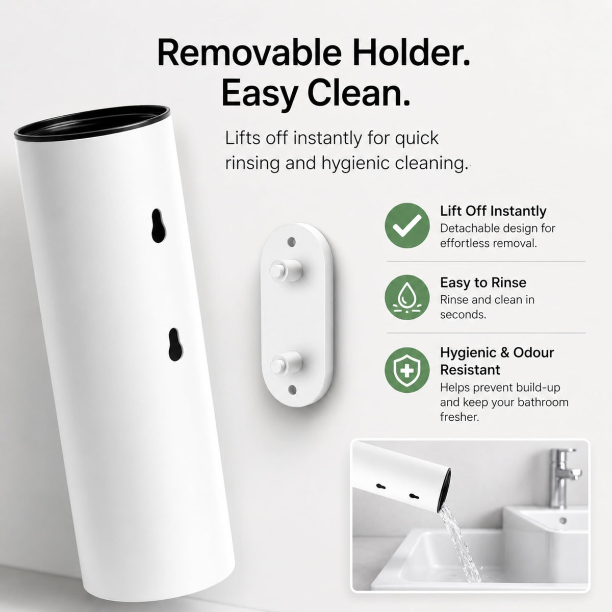 White Wall Mounted Toilet Brush & Holder – Silicone Toilet Brush, Matte White 304 Stainless Steel, Self-Adhesive or Screw Fixing