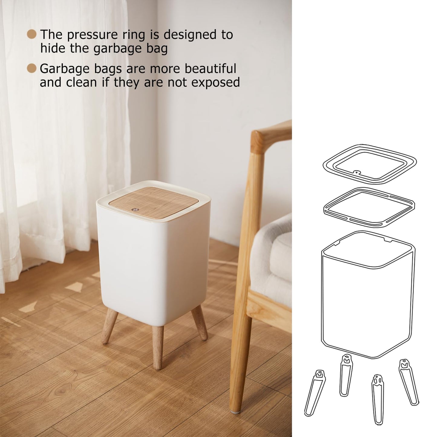 U2PICK Mini Trash Bin with Lid, 10 Liter Garbage Bin, Modern Waste Bin with Legs, Plastic Trash Can Suitable for Kitchen, Bathroom, Bedroom, Living
