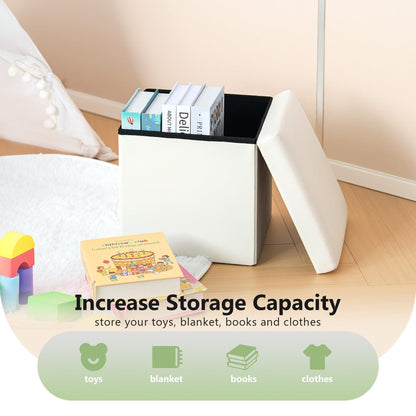 Bonlife Beige Faux Leather Small Ottoman Storage Boxes,Folding Toy Chest Foot Rest with Storage,Toy Cheat Boxes for Kids,Footstool for Living