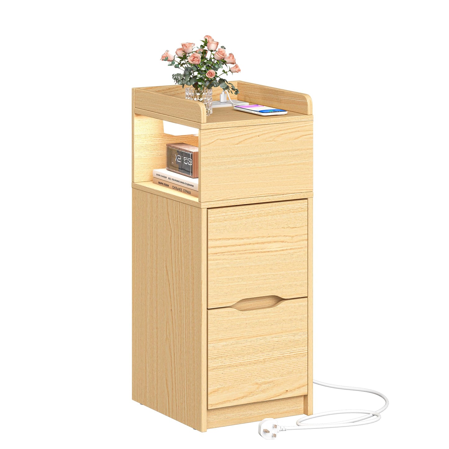 Quikraen Slim Bedside Table with Sensor LED Light and Charging Station