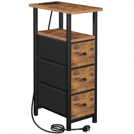 LOAKEKEL Slim Bedside Table with Charging Station, Narrow Side Table with 3 Fabric Drawers, Small Sofa Table with Open Storage Shelf, Nightstand for