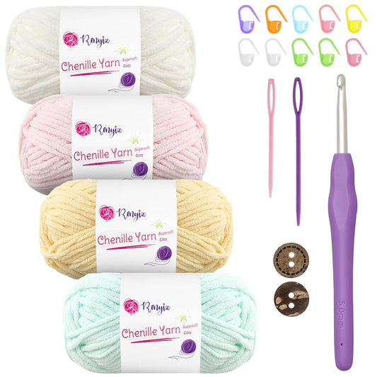 Thick Soft Chunky Chenille Yarn 4x50g60m/Skein Fluffy Wool Perfect for Crochet Baby Blankets with 5mm Crochet Hook, Ideal for Beginners Baby-4