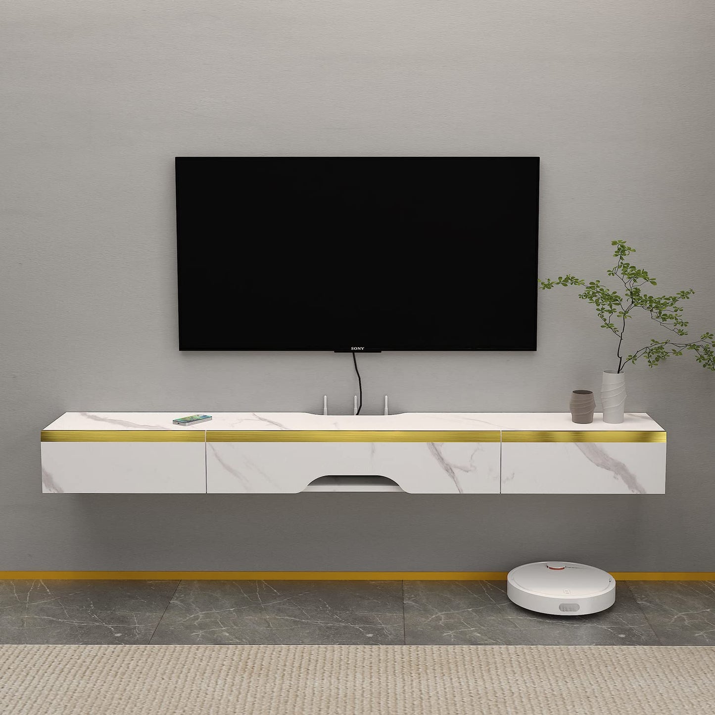 Pmnianhua Floating TV Unit, 59'' Wall Mounted TV Cabinet, Floating Shelves with 2 Drawers and 1 Door