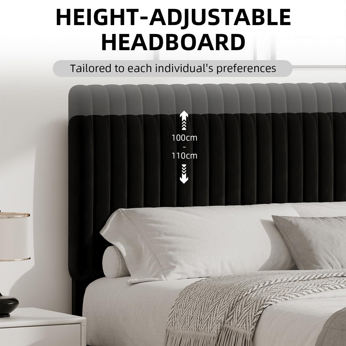 HOMBCK Single Bed Frame, 90 x 190 cm, Upholstered Bed with Velvet Headboard, Adjustable Height, Wooden Slat Support, No Box Spring Needed, Black
