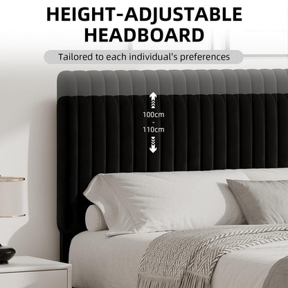 HOMBCK Single Bed Frame, 90 x 190 cm, Upholstered Bed with Velvet Headboard, Adjustable Height, Wooden Slat Support, No Box Spring Needed, Black