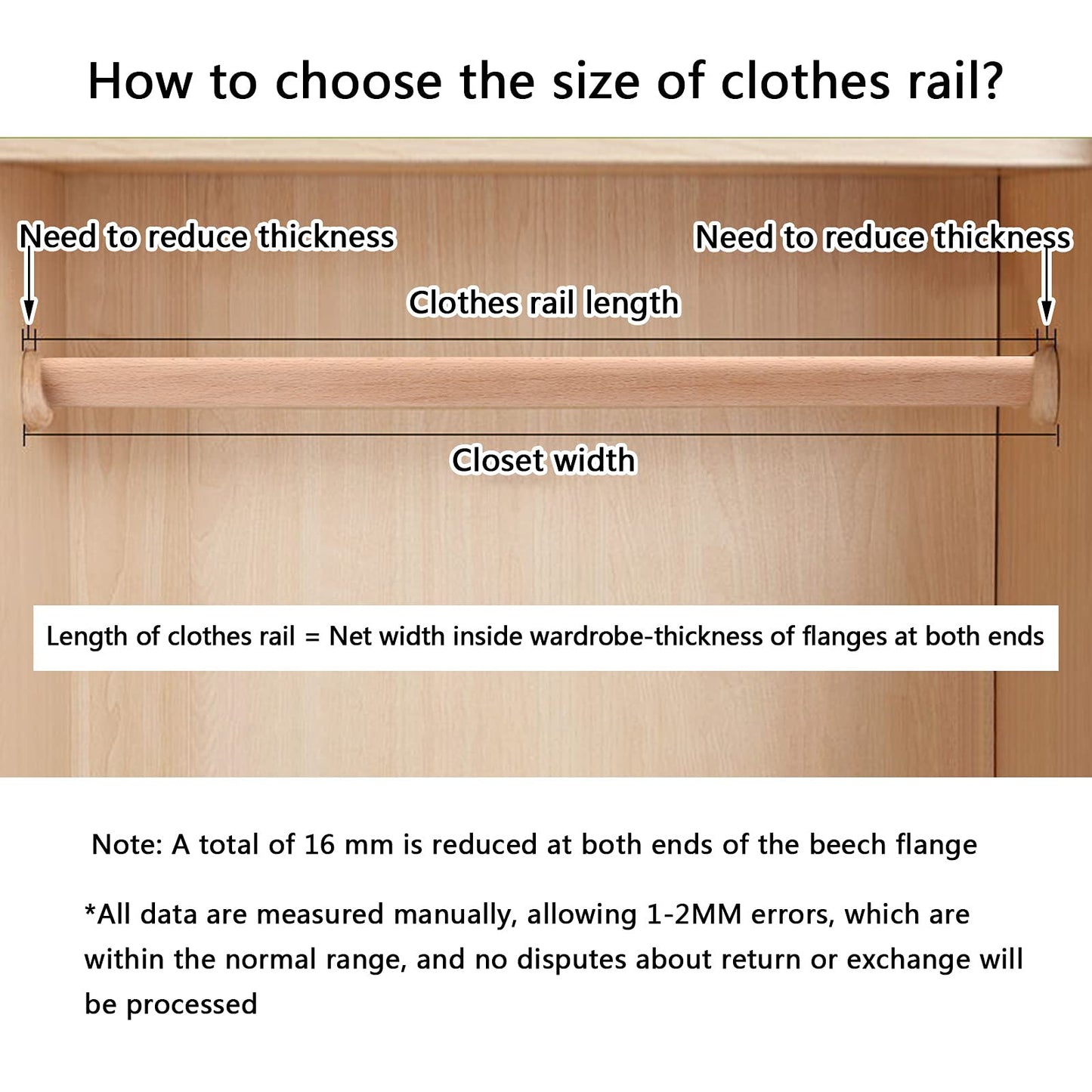 Wardrobe Rod, Natural Beech Wood Heavy Duty Closet Rod with 2 Bracket Support And Screws, Easy To Install