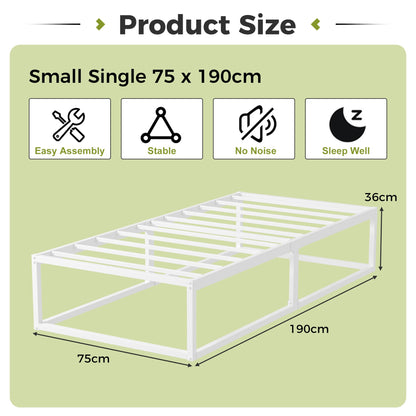 EMODA Small Single Bed Frame 36cm High with Steel Slats Support, White