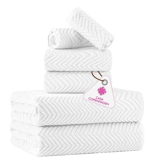 CASA COPENHAGEN Wave Textured 6 Piece Towel Set - White, 550 g/m?, 2 Bath Towel, 2 Hand Towel, 2 Washcloth Towels Cotton Rough and Tough Use Gift Set