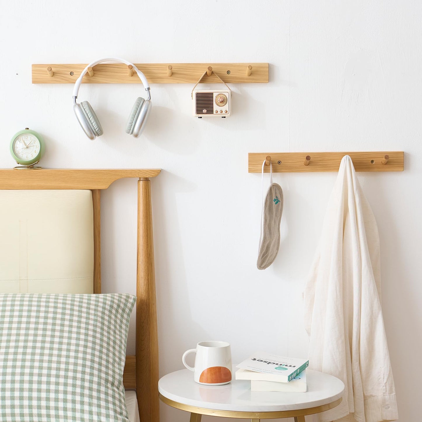 TREOAKWIS Coat Hooks Wall Mounted, 50cm Wooden Coat Rack with 5 Hooks