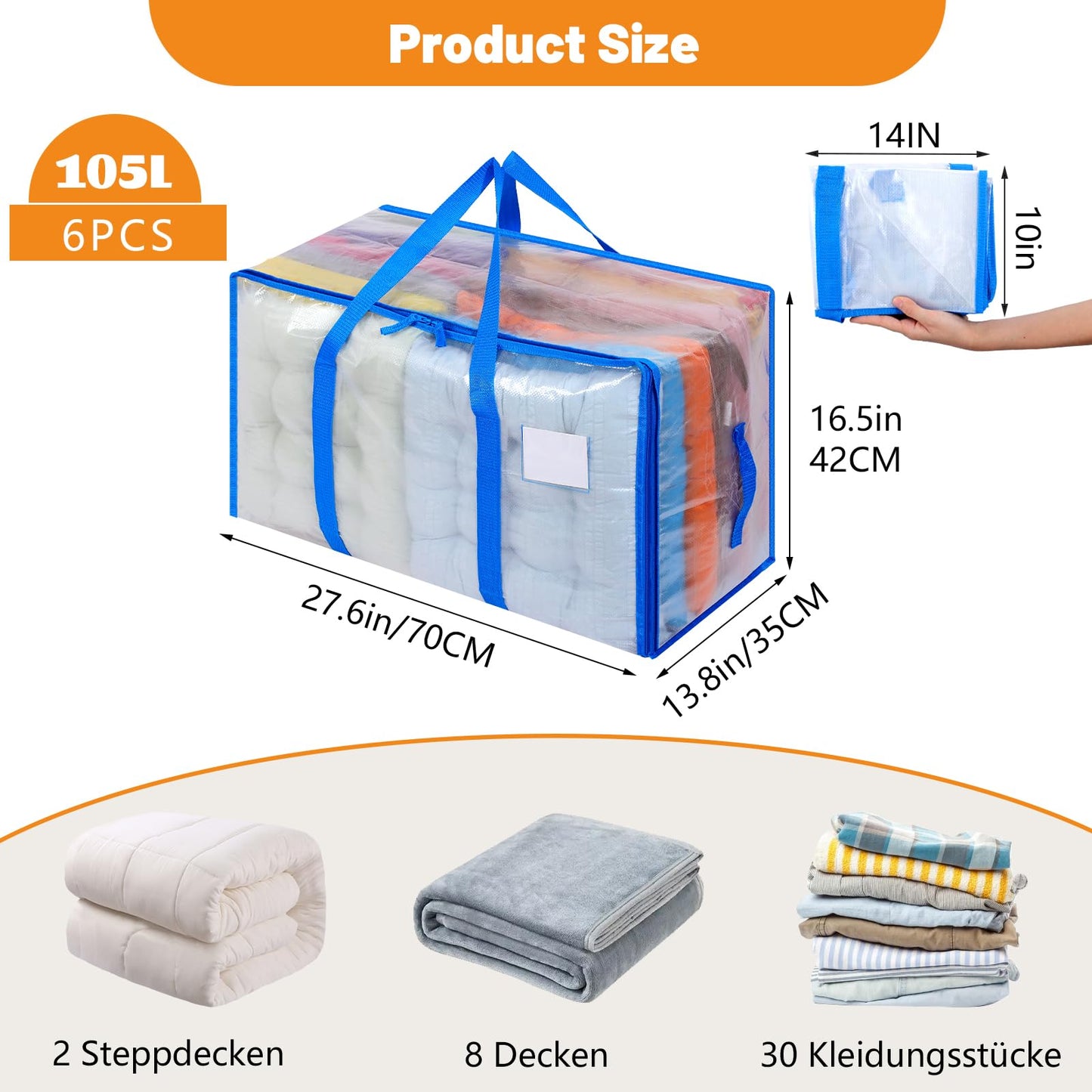 Dntorx 6 Pack 105L Moving Bags Clothes Storage Bags Drom Packing Box, Blue