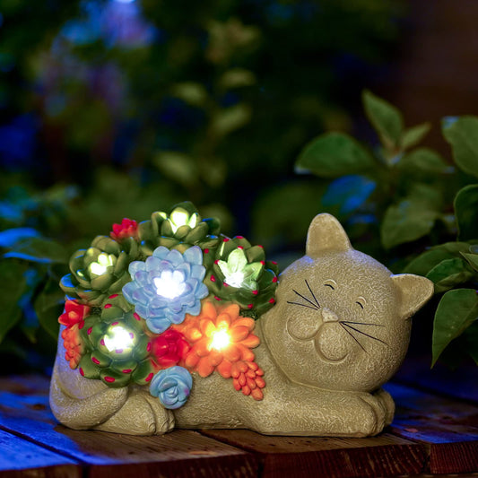 Goodeco Cat Statue Solar Garden Ornaments Outdoor Decor Waterproof Resin Cat Figurines with Succulent 6 LED Solar Lights decoration for Home Yard