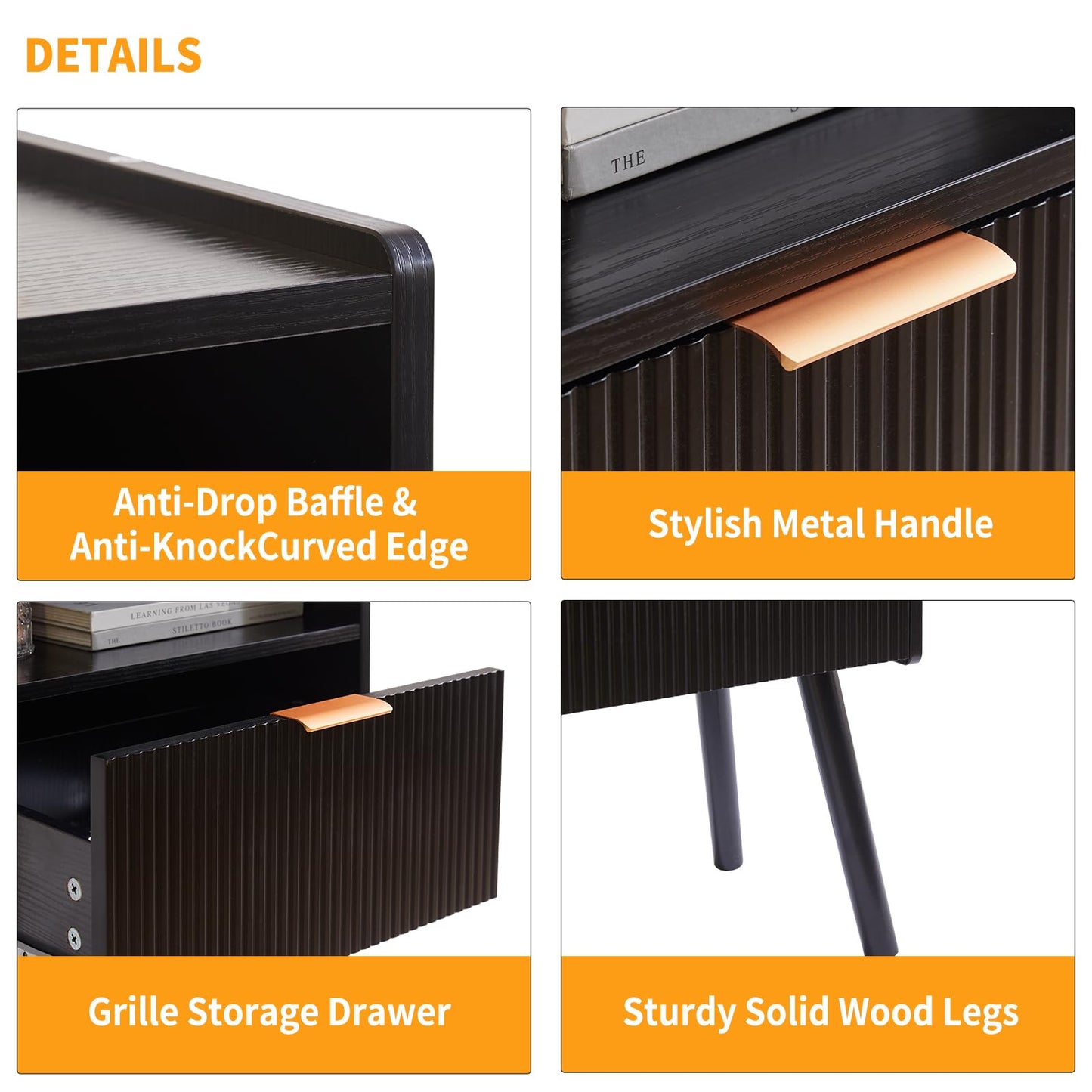 Aibiju Modern Nightstand with Drawer, Bedside Tables, Mid Century Nightstands with Open Storage Shelf, Wood Leg Bedside Table