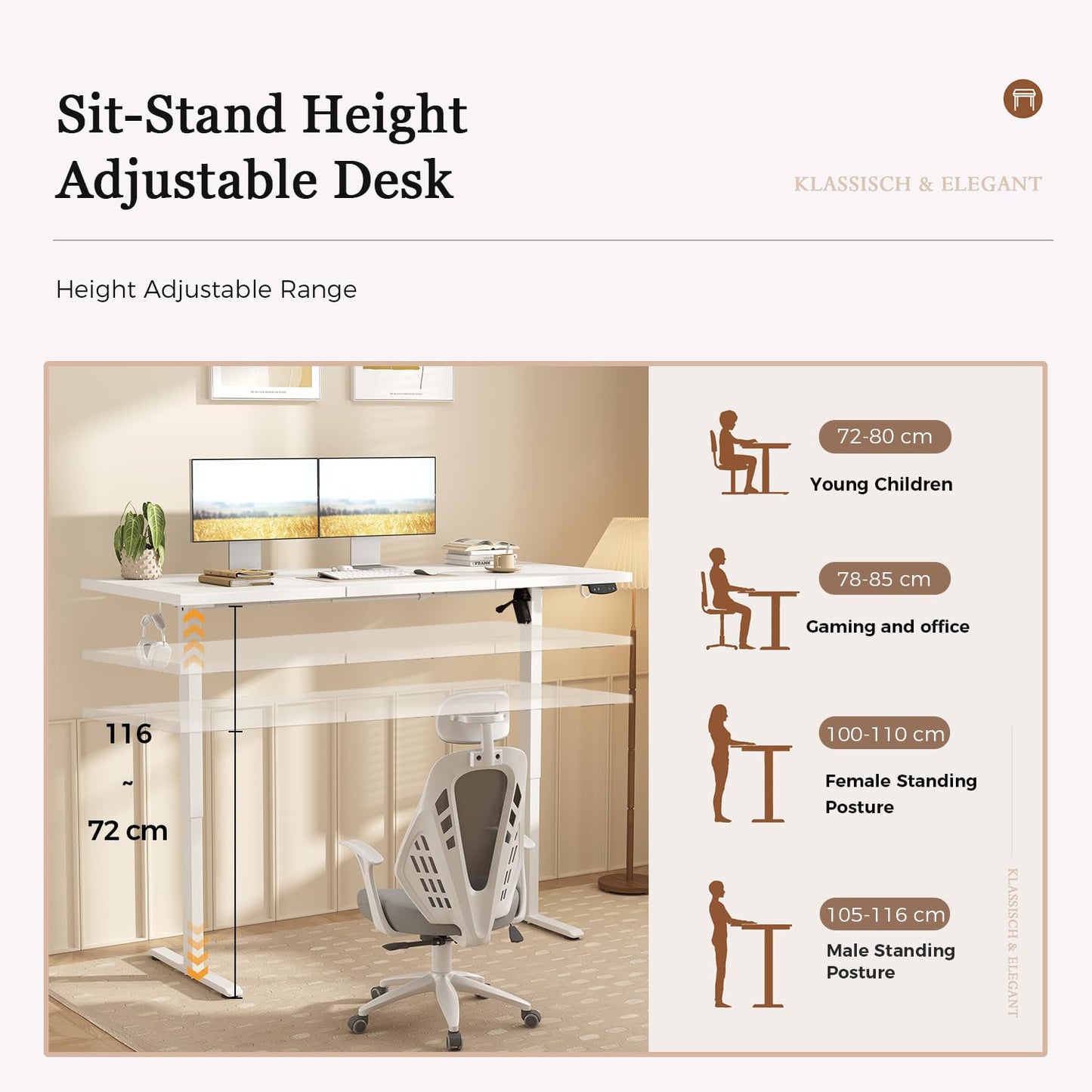 Klicelor Electric Standing Desk, 2 Memory Buttons for stand & sit, 140x60