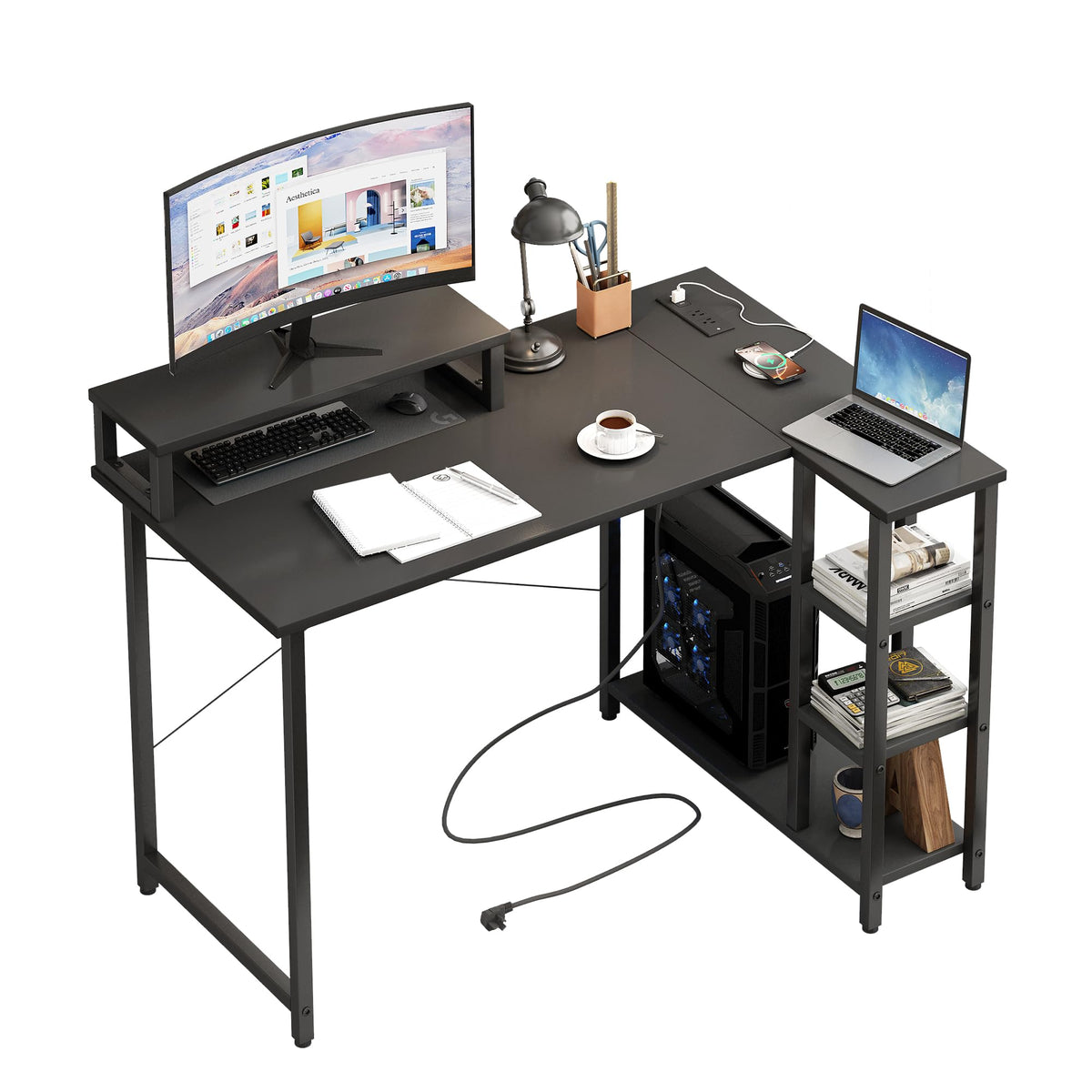 HIHOBDAY L Shaped Gaming Desk 100x70cm, Corner Desk with Monitor Riser, Built-in Power Strip & USB, Headphone Hooks, Multi-Tier Storage Shelves