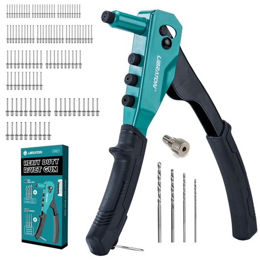 LIBRATON Rivet Gun Set, Pop Rivet Gun, Heavy Duty Rivet Tool, Professional Hand Riveter, Manual Riveting Tool with 120 Blind Rivets, 4 HSS Drill Bits,